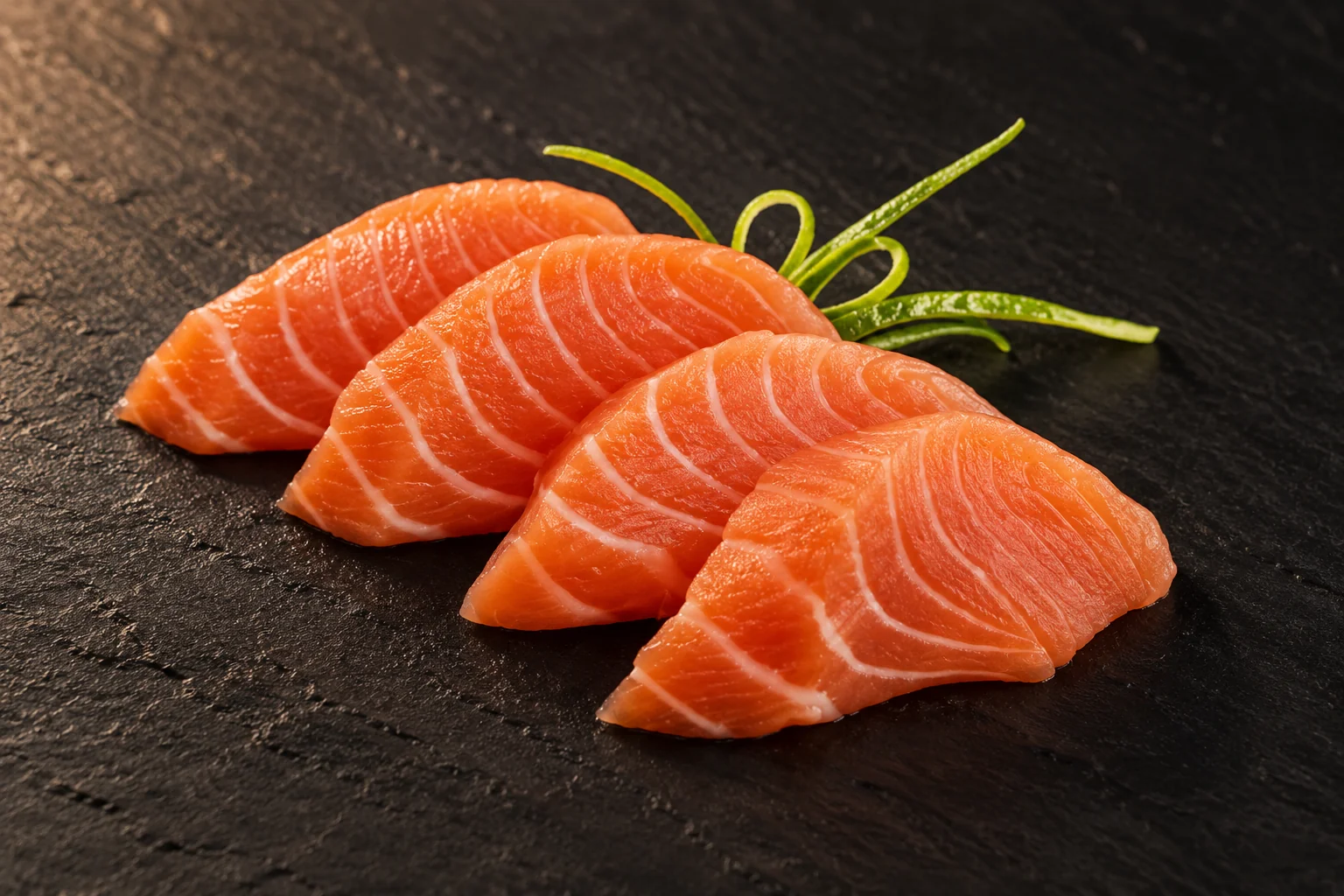 Quatre tranches de sashimi de saumon avec un décor de zeste vert, sur une ardoise noire.