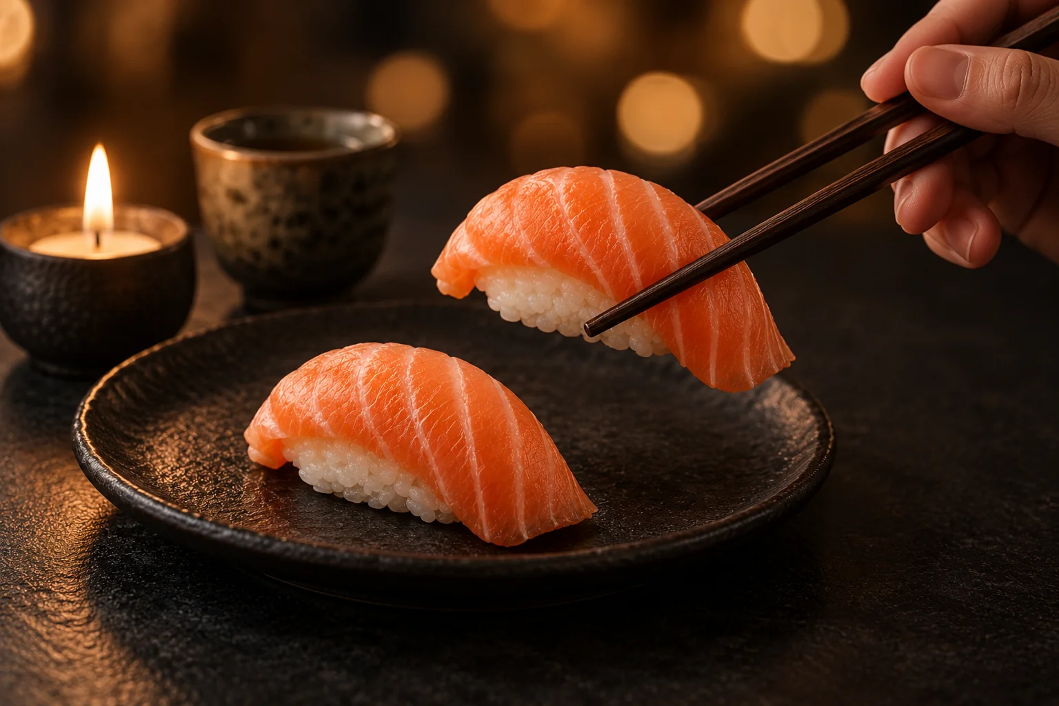 Deux sushis au saumon sur une assiette sombre, à la lueur d'une bougie ; une main saisit l'un d'eux avec des baguettes.