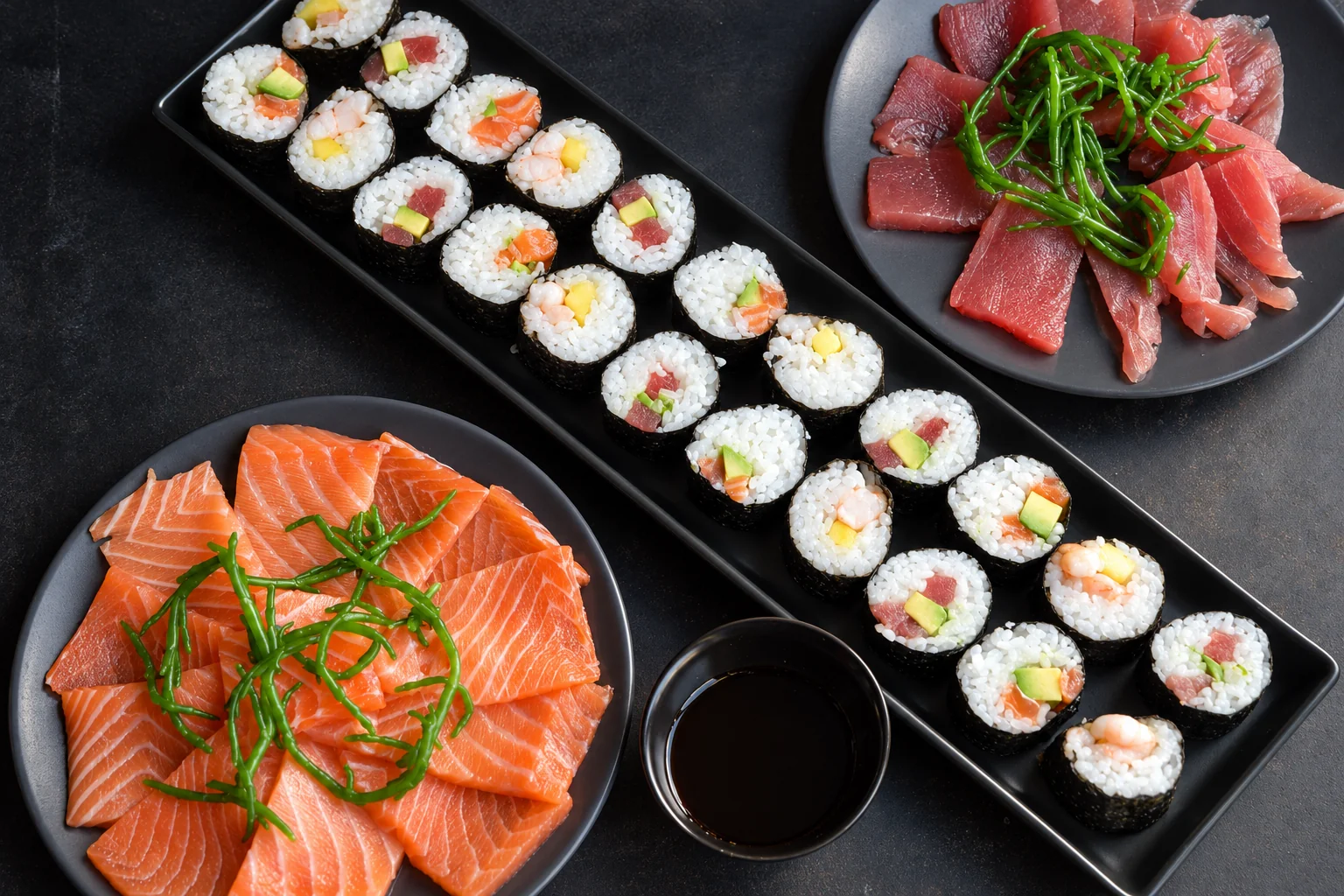 Vue du dessus : un long plat noir de makis aux crevettes, au saumon et au thon, un plat de sashimi de saumon, un plat de sashimi de thon et un bol de sauce soja.