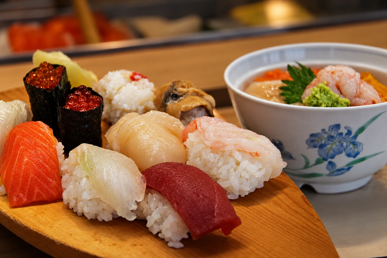 Un assortiment de nigiri et de gunkan sur un plateau en bois, à côté d'un bol blanc à motif de fleurs bleues garni de fruits de mer.