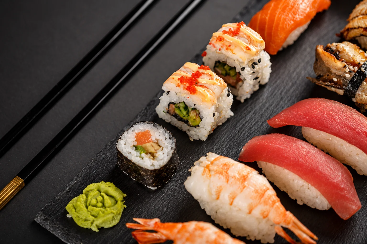 Vue en biais d'une ardoise noire : makis, nigiri de saumon, de thon et de crevette, une boule de wasabi et des baguettes noires.
