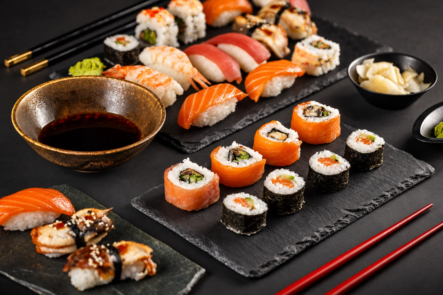 Deux ardoises noires de nigiri, de makis et de rolls, un bol de sauce soja, des coupelles de gingembre et de wasabi, des baguettes rouges.