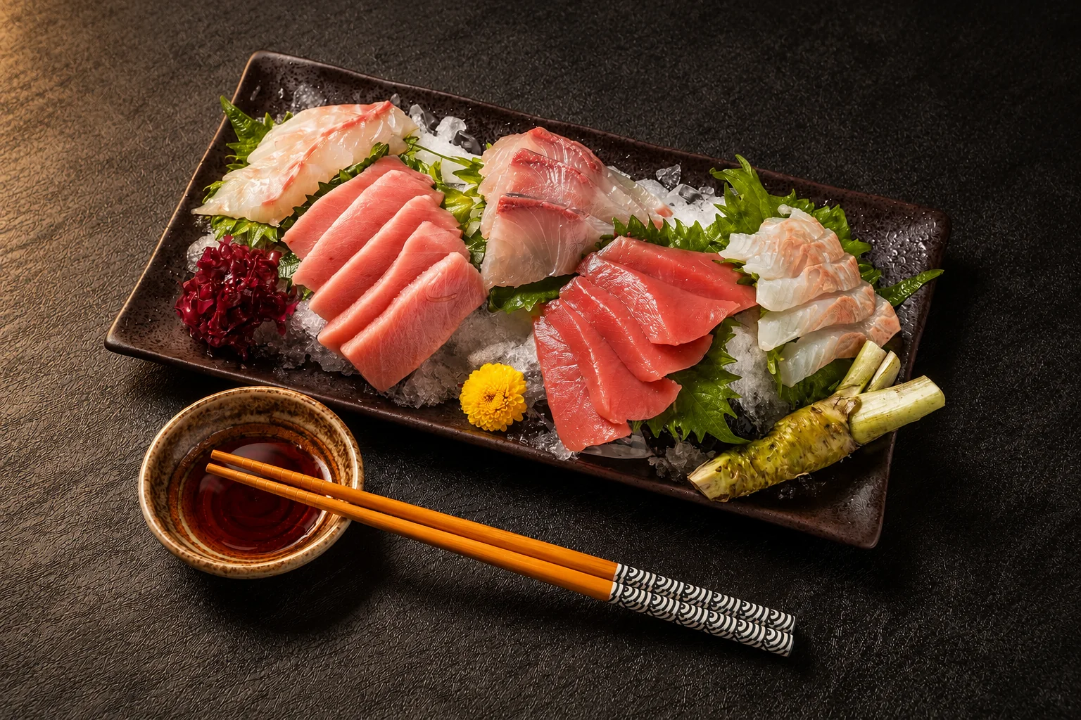 Un plat rectangulaire sombre de sashimi de thon et de poisson blanc sur glace pilée avec feuilles de shiso, du wasabi en racine, et une coupelle de sauce avec des baguettes.